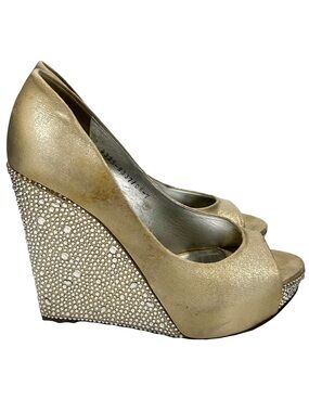 Gina Beige Satin Crystal Embellished Peep Toe Platform Wedge Pumps Size 7